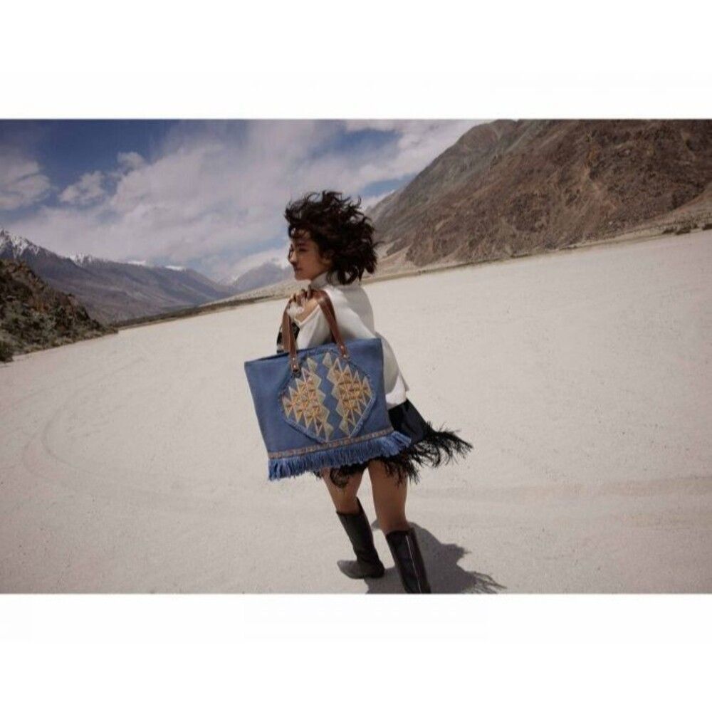 Myra Bag Handmade Ember Tote Bag Upcycled Canvas & Cowhide Leather